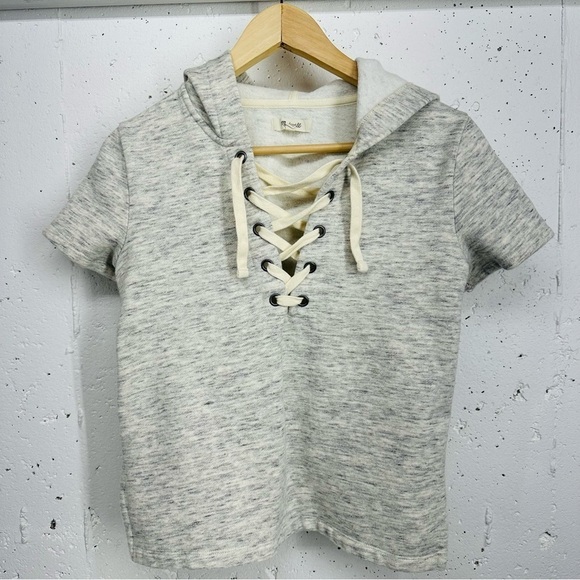 Madewell Size Small Gray Lace Up Short Sleeve Sweatshirt - Picture 2 of 10